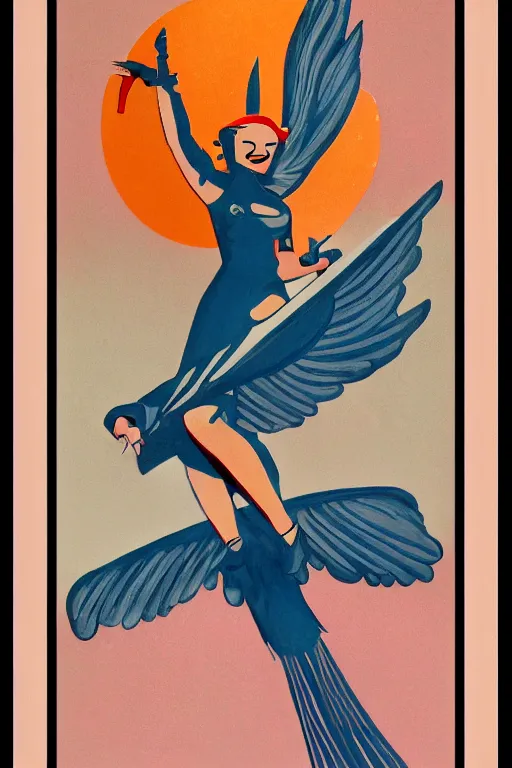 Image similar to a valkyrie taking flight, art deco