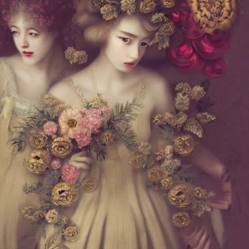 Image similar to 8k, octane render, realism, tonalism, renaissance, rococo, baroque, group of creepy young ladies wearing long flowers and skull dress, harajuku manga, background chaotic gold leaf flowers