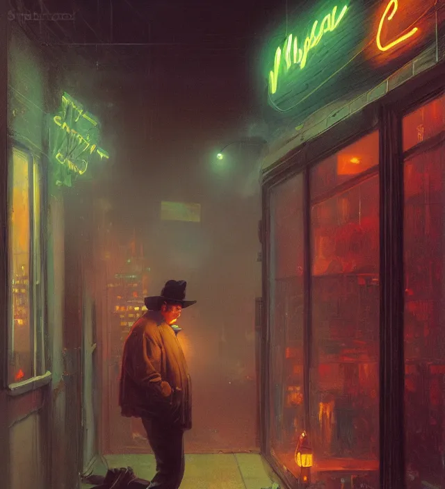 Image similar to foggy neon night, eric cartman leaning back against a wall smoking a cigarette outside a neon lit entrance, 1 9 7 0 s, intricate, moody, tasteful, intimate, highly detailed, short focus depth, artgerm, donato giancola, joseph christian leyendecker