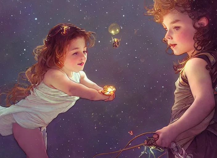 Prompt: A cute little girl with shoulder length curly brown hair and a cute little boy with short blonde hair dancing with fireflies. beautiful fantasy art by By Artgerm and Greg Rutkowski and Alphonse Mucha, trending on artstation.