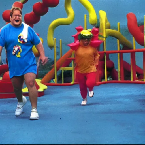 Prompt: a screen still of chris farley running the double dare obstacle course from double dare