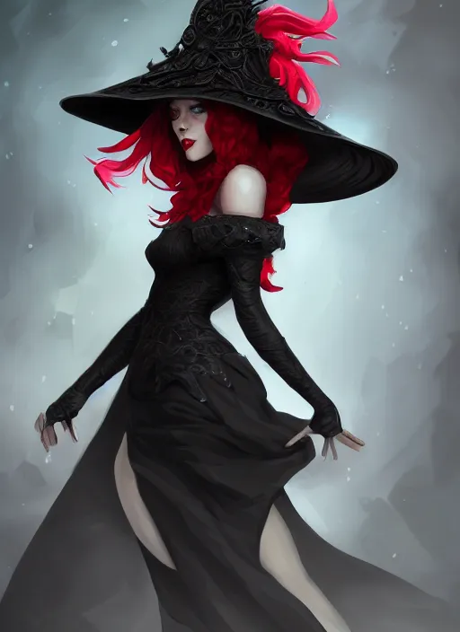 Prompt: a highly detailed illustration of red haired lady wearing black noir dress and black sun hat, dramatic smile pose, intricate, elegant, highly detailed, centered, digital painting, artstation, concept art, smooth, sharp focus, league of legends concept art, wlop.