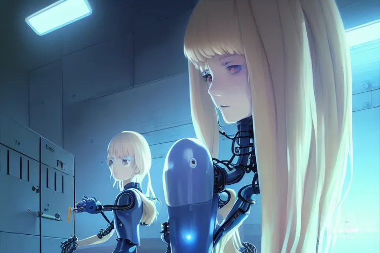 Prompt: datacenter room connects cables young robot server android baroque oil painting finely detailed perfect face flowing long fiberoptics blonde hair robot eyes blue. anime shinkai takeuchi key visual of character concept art metal female robot body suit pixiv fanbox, painted by greg rutkowski