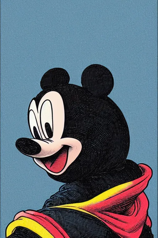 Prompt: a vibrant!!! ultraclear sideview waist up portrait of mickey mouse wearing black cape hoodie by laurie greasley and rene magritte, etching by gustave dore, intricate, colorful!!! full - color flat, sharp focus, illustration, highly detailed, digital painting, concept art, masterpiece