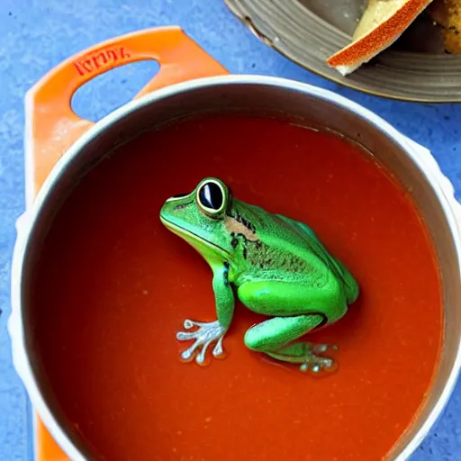 Image similar to a frog emerging from a pot of tomato soup, frog soup, recipe photo