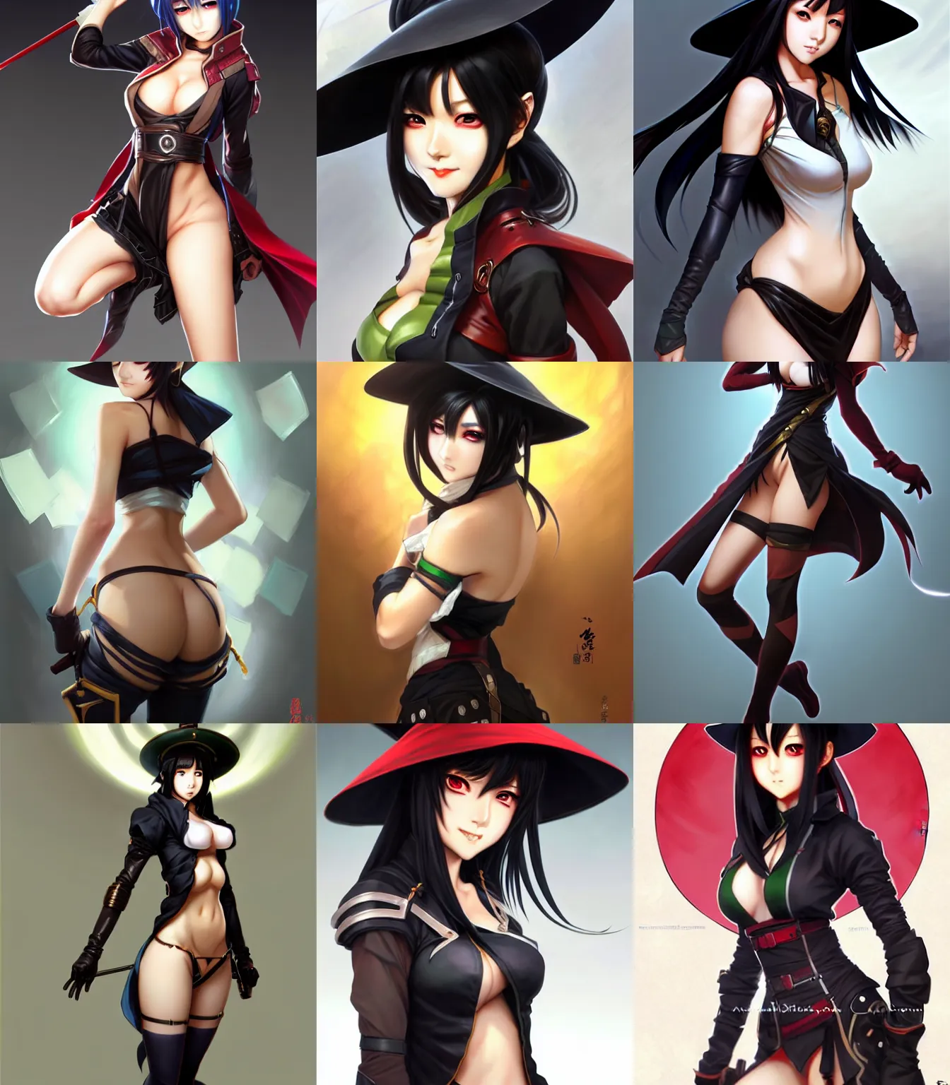 Prompt: rogue anime girl Hu Tao from Gensin Impact, petite pear slim figure, thighs, black hair and attractive features, hat, dungeons and dragons portrait, seductive smile, highly detailed, digital painting, artstation, concept art, sharp focus, illustration, art by artgerm and greg rutkowski and alphonse mucha