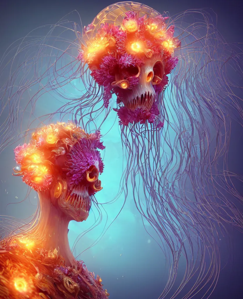 Image similar to close-up portrait of the face of a beautiful princess in a twisted flowers orchid jellyfish mask surrounded by energy flow, epic angle and pose, symmetrical artwork, 3d with depth of field, blurred background, floating jellyfish skull phoenix bird, translucent, nautilus, energy flows of water and fire. a highly detailed epic cinematic concept art CG render. made in Maya, Blender and Photoshop, octane render, excellent composition, cinematic dystopian brutalist atmosphere, dynamic dramatic cinematic lighting, aesthetic, very inspirational, arthouse. y Greg Rutkowski, Ilya Kuvshinov, WLOP, Stanley Artgerm Lau, Ruan Jia and Fenghua Zhong