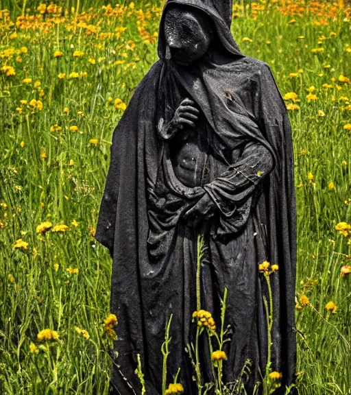 Image similar to mystical black death god figure standing in tall meadow of flowers, dslr photo, grainy, high detail, high resolution