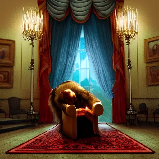 Image similar to A rat siting on a throne in the white house. Cinematic lighting, bright colors.