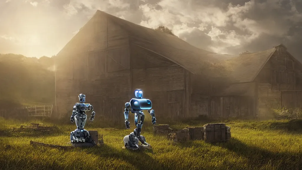 Prompt: Amazing photorealistic digital concept art of a guardian robot in a rural setting by a barn, by James Clyne and Joseph Cross. Cinematic. LED lighting. Wide angle. Clean lines. Balanced composition.