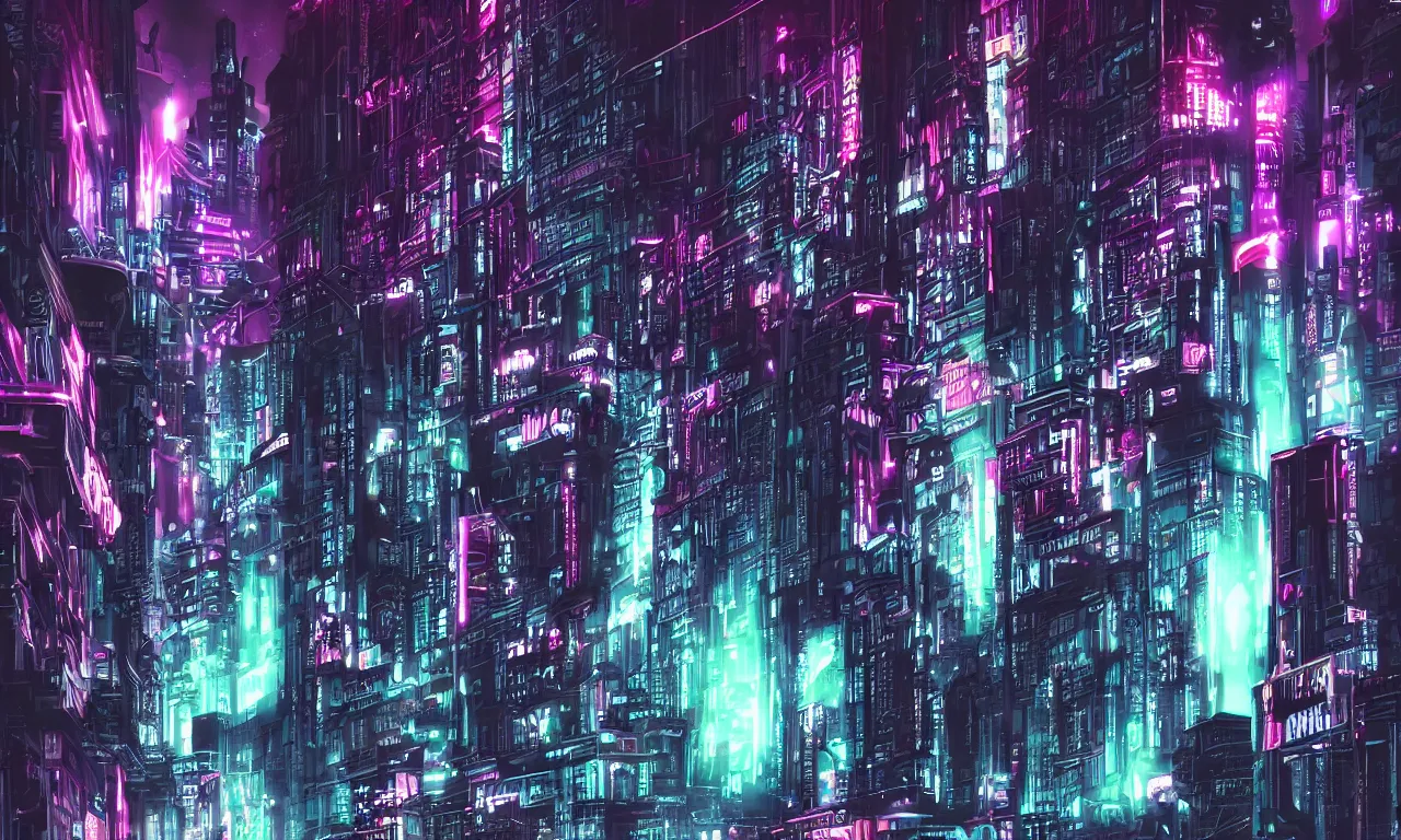 Image similar to gothic cyberpunk cityscape, neon, chrome