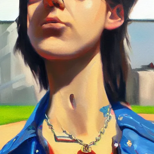 Image similar to oil painting of punk woman wearing large belt collar around neck, standing in city area, 4 k, artstation