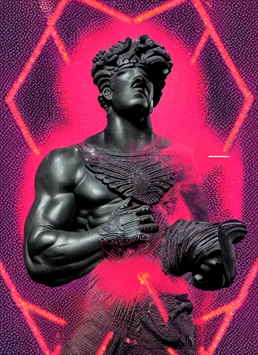 Prompt: black background with subtle red and purple geometric design elements, statue of hercules, nekro, graphic design, collage art, dark, glitch art, neo vaporwave, gritty, layout frame, trending on artstation