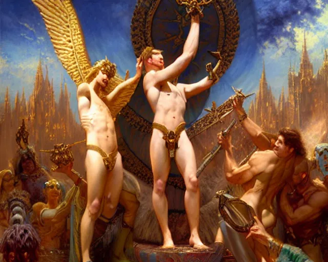 Prompt: gallant male deity, casting angelic magic, summoning regal lucifer morning star, as they negotiate over the earthly realm, highly detailed painting by gaston bussiere, craig mullins, j. c. leyendecker, tom of finland