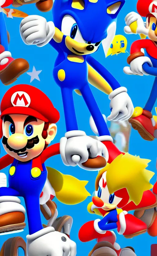 Prompt: a 3 d render of mario wearing a sonic suit, blue spiky hair