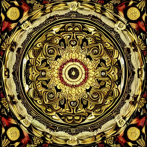 Prompt: a beautiful mandala made of ivory and gold, highly intricate, digital art, very detailed, in the style of a weird and dark eerie liminal art nouveau flemish painting, 8k,