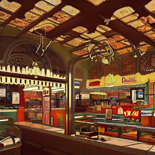 Image similar to interior of a mcdonald's in the style of gothic, circa 1 9 9 9, hyper detailed, 8 k