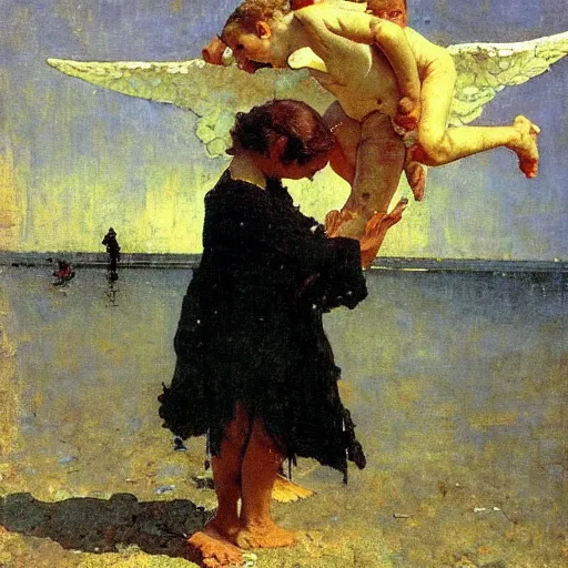 Image similar to a guardian Angel saving a little boy from drowning. Ilya Repin. Norman Rockwell. Masterpiece. Rule of thirds.