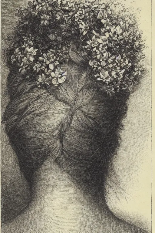 Image similar to extreme close-up portrait of a beautiful french woman from behind with flower in the head, forest background, Gustave Dore lithography