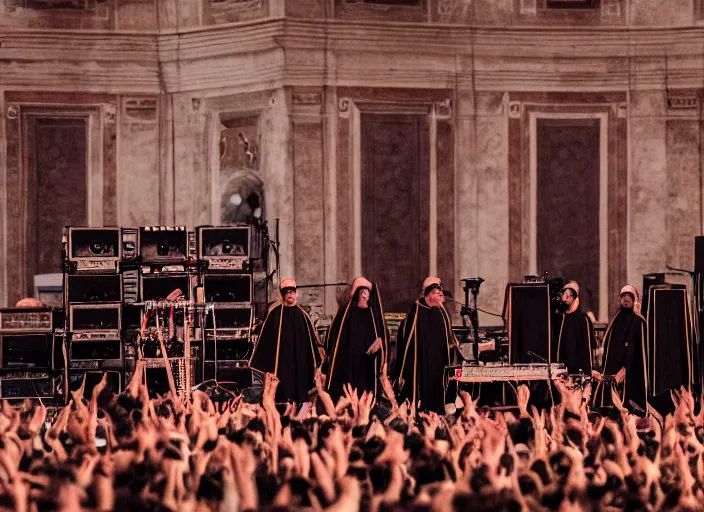 Image similar to a high resolution photograph of sunn o ) ) ) playing live at the vatican with monk robes, smoke machines, huge walls of amplifiers, many amplifiers stacked high, ornate