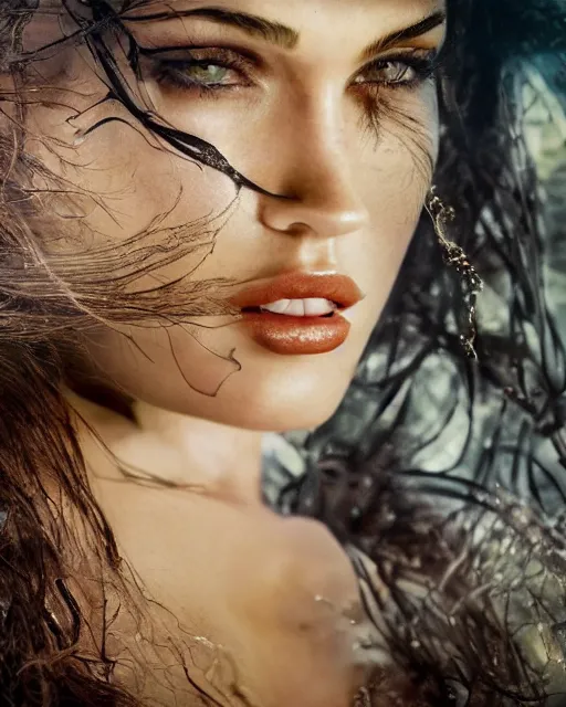 Prompt: 2 8 mm closeup portrait of very beautiful seductive megan fox cleric wearing a tiara made from dreams in a fantasy wonderland, glamour pose, long wind swept hair, ethereal, dreamy, backlit, highly detailed, realistic lighting, sharp focus, rule of thirds, artgerm, wlop, arney freytag, frank frazetta, hd, octane, 4 k,