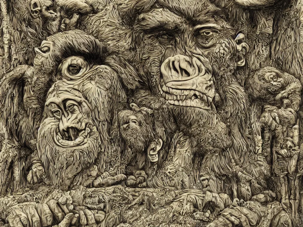 Image similar to bored ape club monkeies by Chor Boogie, intricate details, ultra detailed, 4K, award-winning, touch of M. C. Escher and Salvador Dali