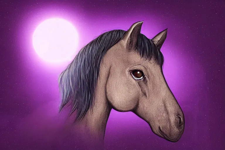 Image similar to a digital painting of a sad horse that's lost on an extraterrestrial planet, strange plants, purple lighting, night sky, glows,