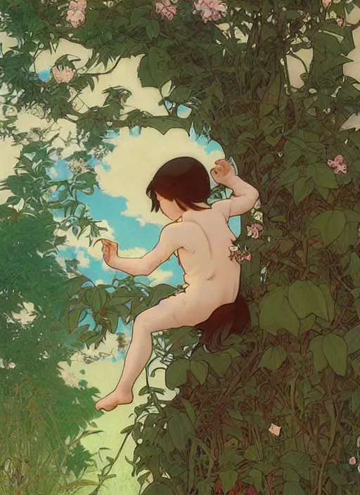 Image similar to young boy with long hair, climbing a tree, path traced, highly detailed, high quality, digital painting, by studio ghibli and alphonse mucha, leesha hannigan, hidari, art nouveau, chiho aoshima, jules bastien - lepage