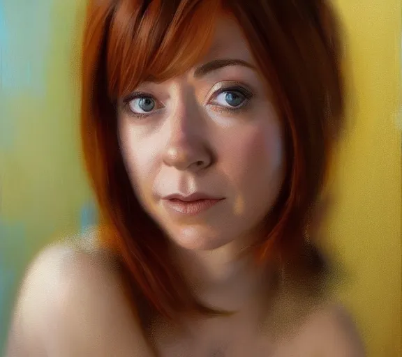 Prompt: a hyper-detailed portrait of Alyson Hannigan by Craig Mullins; oil on canvas; trending on artstation; 90mm; f/1.4