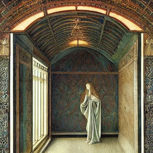 Image similar to a goddess in a liminal room, watercolor by leon battista alberti, limited color palette, very intricate, art nouveau, highly detailed, lights by hopper, soft pastel colors, minimalist