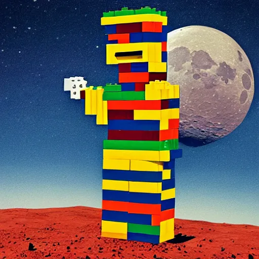 Image similar to squared head rooster building a man made of legos on the moon