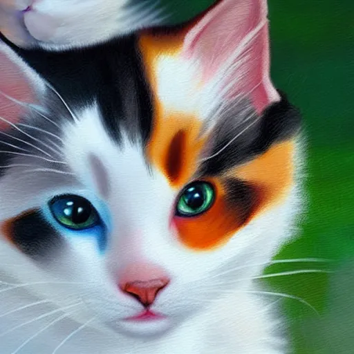 Image similar to close up of two beautiful calico kittens outside on a beautiful day, beautiful painting, featured on artstation, cgsociety, behance hd