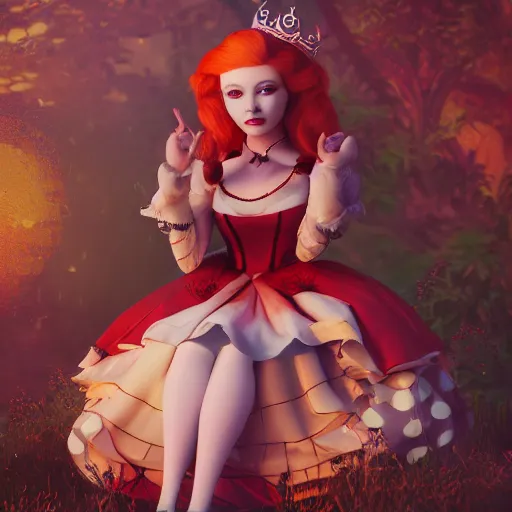 Prompt: doll style red head queen, full body, alice in wonderland theme, disney inspired fantasy background, octane render, cinematic lighting, unreal engine, 8 k, ultra hd, realistic face