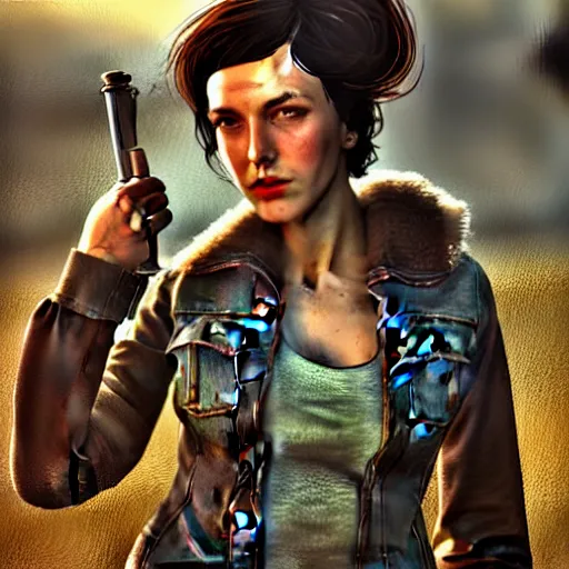 Image similar to fallout 5, charismatic brunette female protagonist, portrait, outdoors scene, somewhere in a low density rural town, retro rusted cars, atmospheric lighting, painted, intricate, volumetric lighting, beautiful, daytime, sunny weather, sharp focus, slightly desaturated, ultra detailed, by leesha hannigan, ross tran, thierry doizon, kai carpenter, ignacio fernandez rios