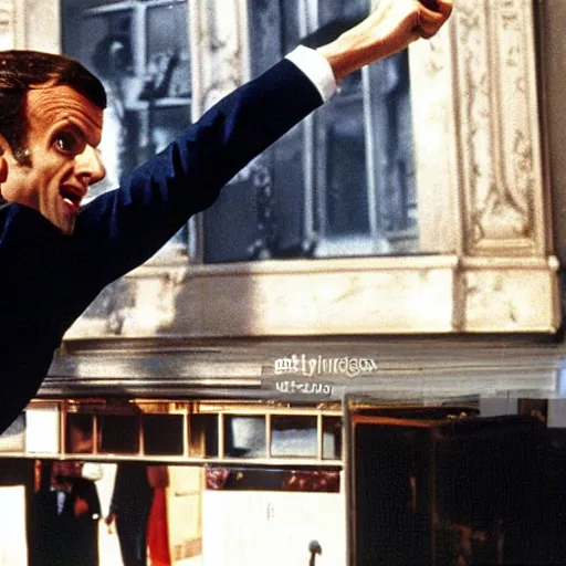 Prompt: Emmanuel Macron painting Paris in American Psycho (1999)