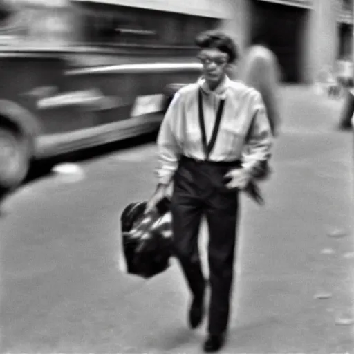 Prompt: analog motion blur street photography portrait in new york, 1 9 6 0 s, photographed on expired film, medium format detailed photograph