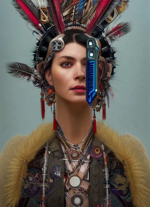 Prompt: seen through a window!! portrait of a cyberpunk machine, machine face, upper half portrait, decorated with feathers, native american, fine china, traditional chinese art, intricate, elegant, highly detailed, headpiece, digital painting, artstation, concept art, smooth, sharp focus, illustration, art by artgerm and greg rutkowski and alphonse mucha, 8 k