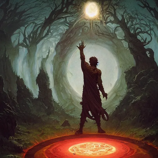 Image similar to a druid standing in a circle at the beginning of the world by greg rutkowski and frank frazetta and peter mohrbacher and william blake and dan mumford