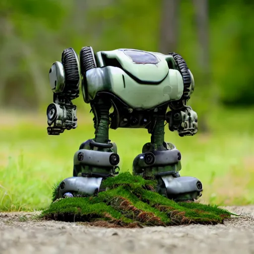 Image similar to over grown mech robot being consumed by plants and the earth