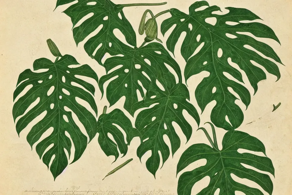 Image similar to detailed 18th century botanical illustration of various monstera leaf