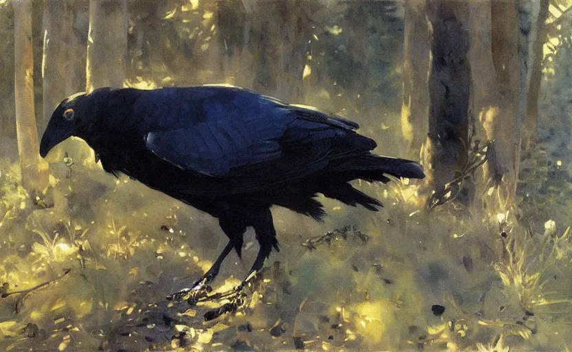 Prompt: oil painting by anders zorn, raven in forest, very very very very beautiful art, dramatic light, strong shadows, shiny blue black feathers, amber eyes, glowing