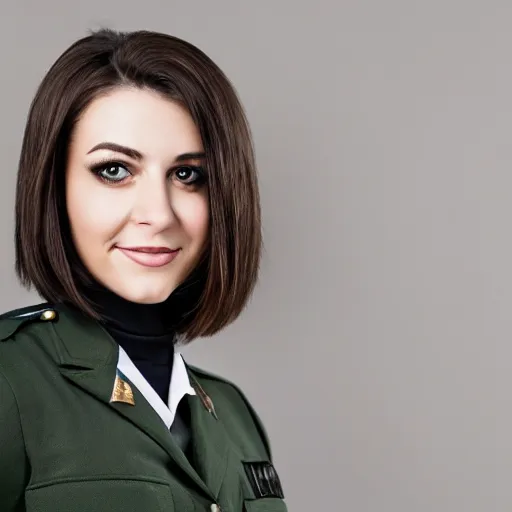 Prompt: portrait of young woman, green eyes, brunette, short flip bob hair, smirk, officer uniform
