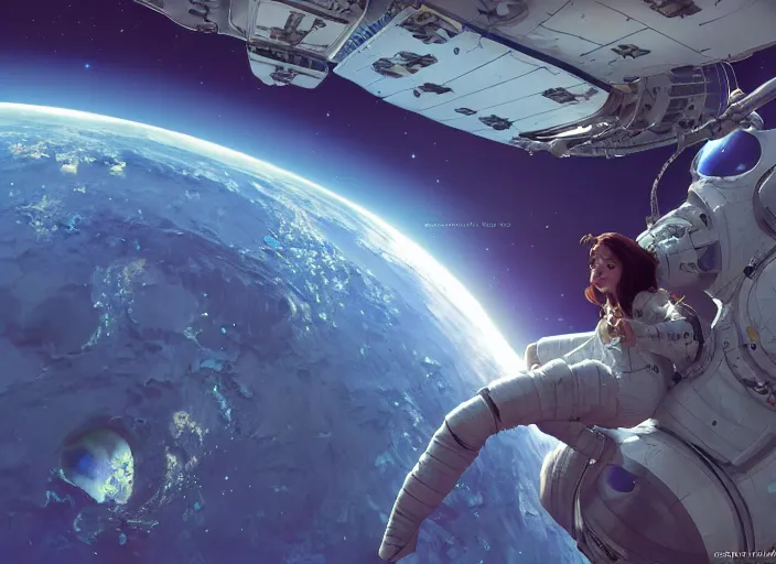 Image similar to closeup shot of a gorgeous inspiring girl in space suit doing a maintenance of a space station in orbit of the moon by Craig Mullins, ilya kuvshinov, krenz cushart, artgerm trending on artstation by Edward Hopper and Dan Mumford and WLOP and Rutkovsky, beksinski carl spitzweg moebius and tuomas kocar, intricate artwork by caravaggio, Unreal Engine 5, Lumen, Nanite