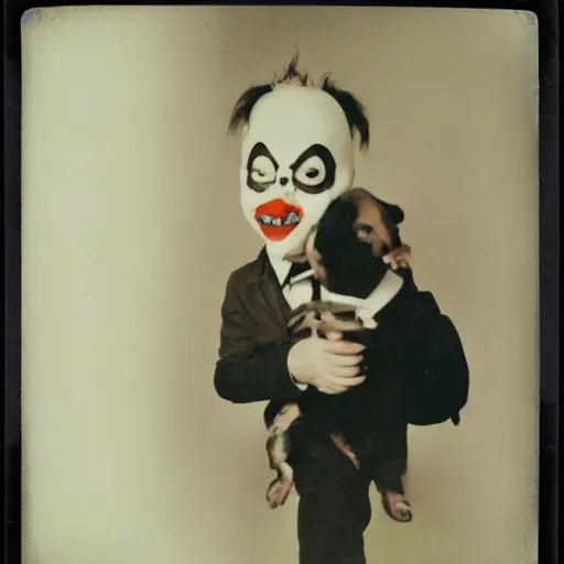 Image similar to Old polaroid photo of a Clown-Vampire with cute puppy