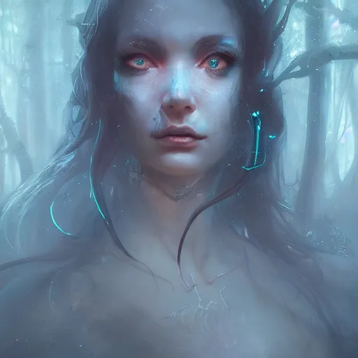 Image similar to a portrait of a succubus in a bioluminescent ancient dark forest, greg rutkowski, 8 k, shallow depth of field, intricate detail, concept art,