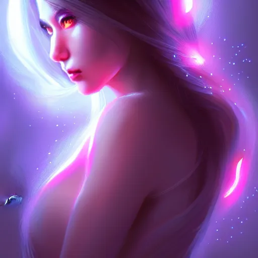 Image similar to mystical female creature with glowing energies and particals, surrounded by spirits, gloomy cinematic lighting, highly detailed, illustrated novel, by artgerm