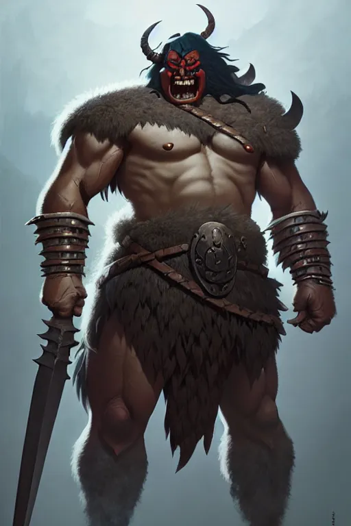 Image similar to orc barbarian wearing leather armor, full body shot, exquisite details, earth magic, mid view, design on a white background, by studio muti, greg rutkowski, makoto shinkai, takashi takeuchi, studio ghibli