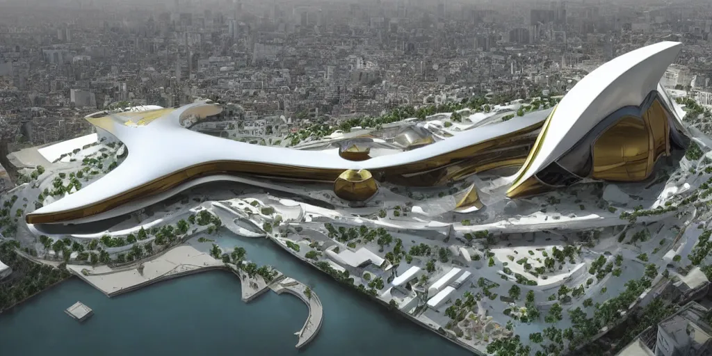 Image similar to mosque floating spaceship by zaha hadid, golds fantasy world