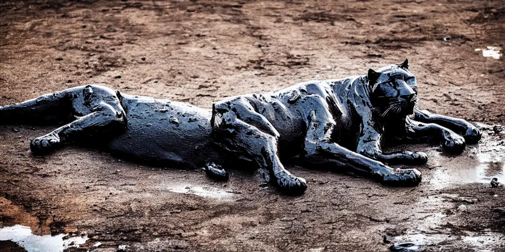 Prompt: a panther, made of tar, bathing inside the tar pit, full of tar, covered with liquid tar. dslr, photography, realism, animal photography, color, savanna, wildlife photography