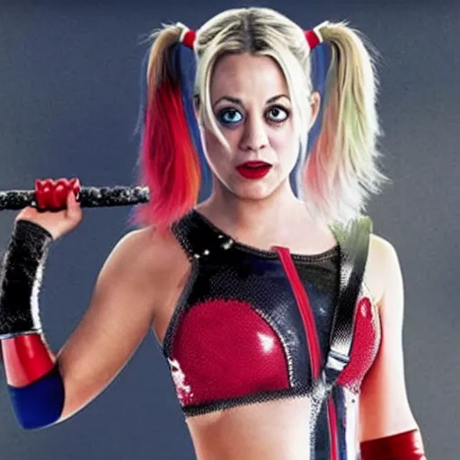 Image similar to A still of Kaley Cuoco as Harley Quinn